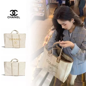 CHANEL SHOPPING BAG COTTON GOLD-TONE LARGE IVORY